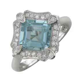 Art Deco Style Aquamarine and Diamond Cluster Ring