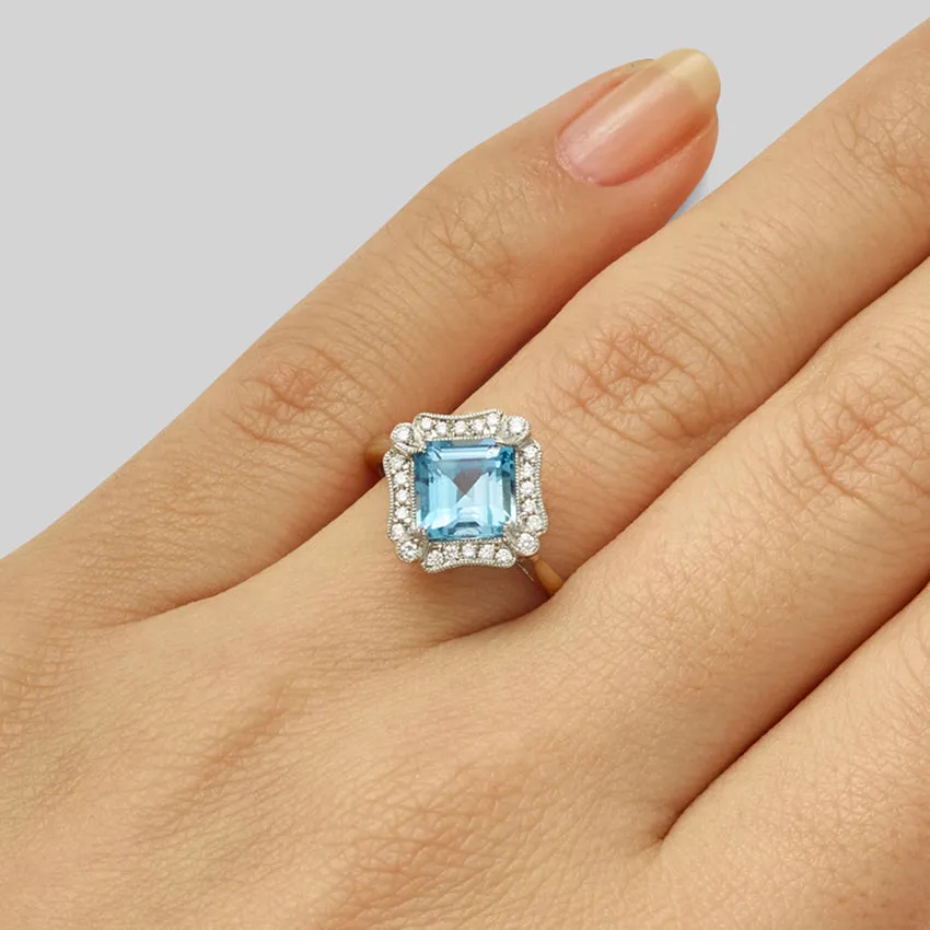 Art Deco Style Aquamarine and Diamond Cluster Ring