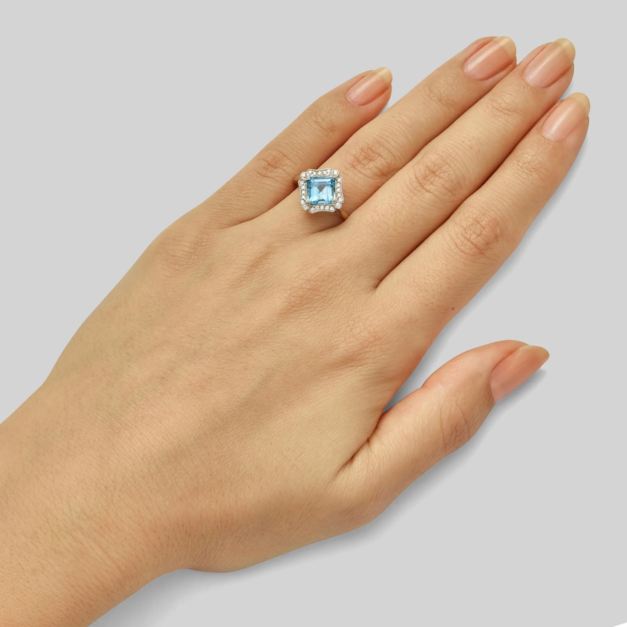Art Deco Style Aquamarine and Diamond Cluster Ring
