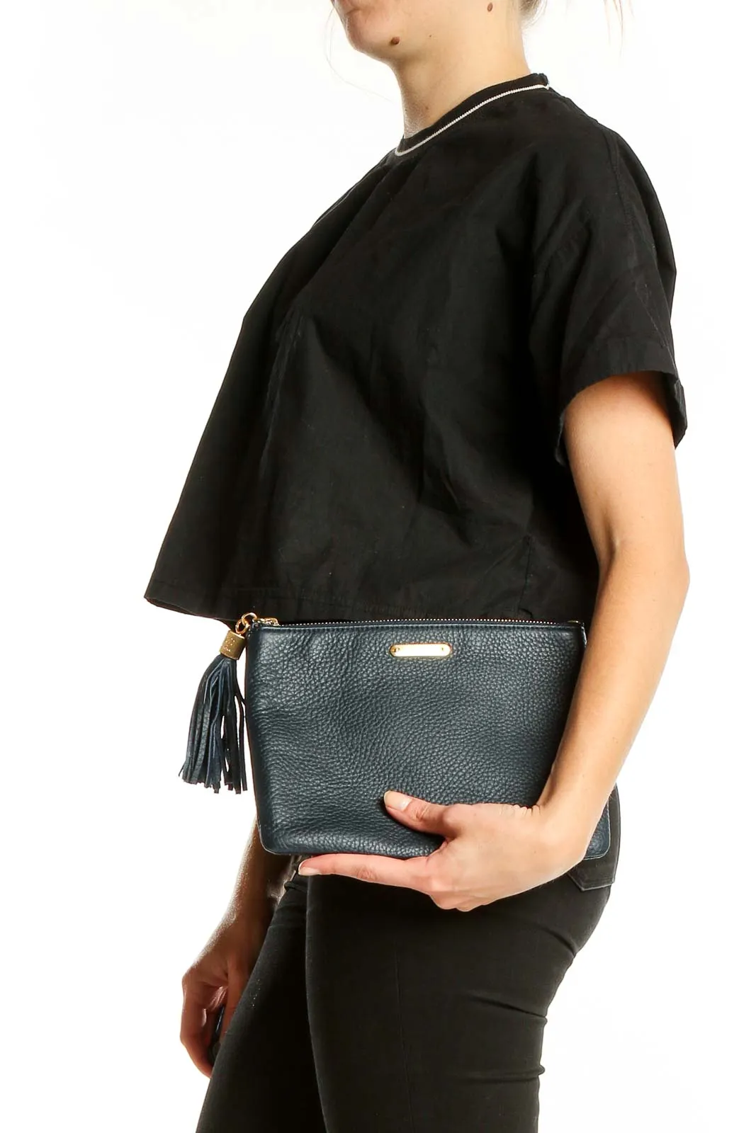 Black Leather Tassel Clutch
