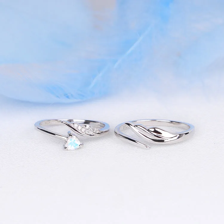 Couple Jewelry Heart-Shaped Moonstone Ring in White Gold Plated Silver Engage Ring Women Men