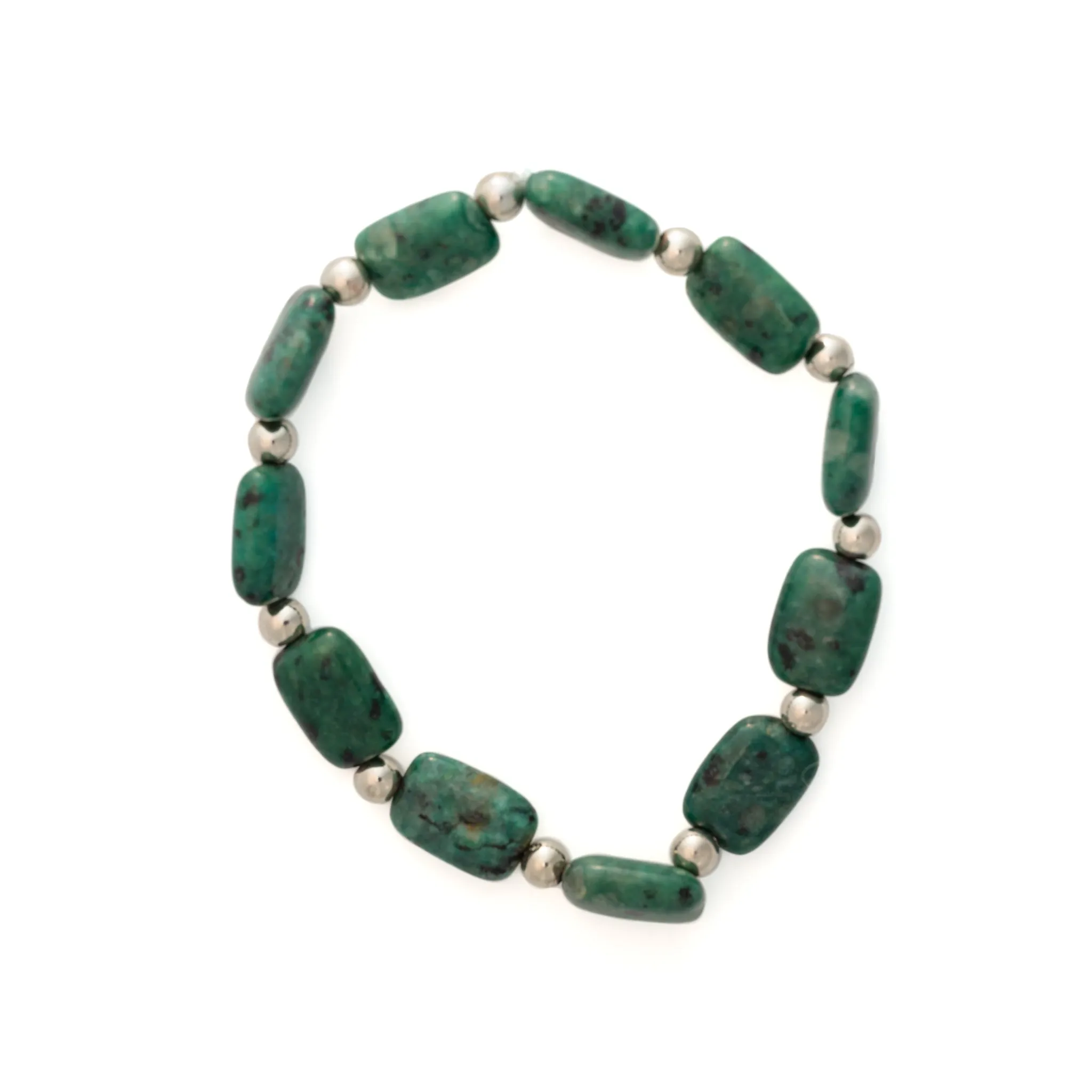 Dark Green Glass Long Beads w Silver Bracelet