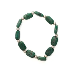 Dark Green Glass Long Beads w Silver Bracelet