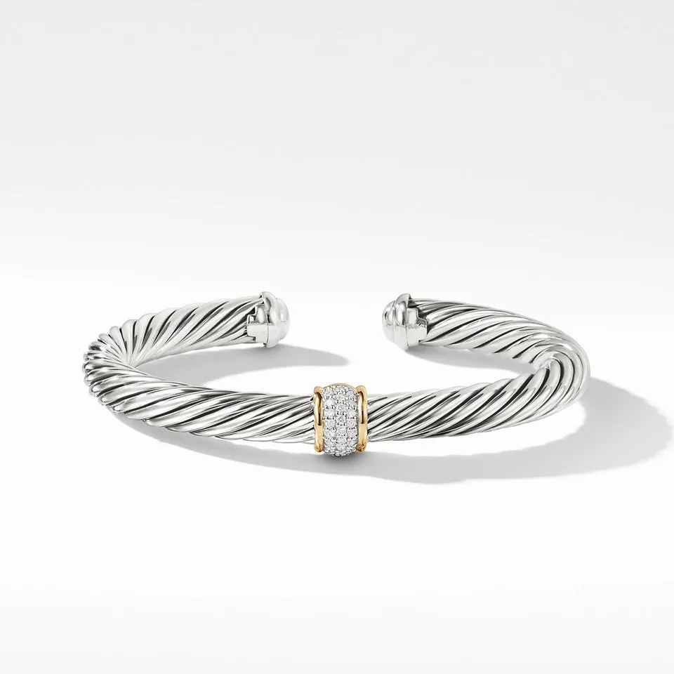 David Yurman Classic Cable Station Bracelet with Pave Diamonds, 7mm