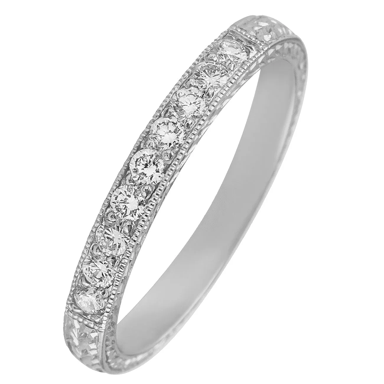 Engraved Laurel Pattern Diamond Wedding Ring in Platinum