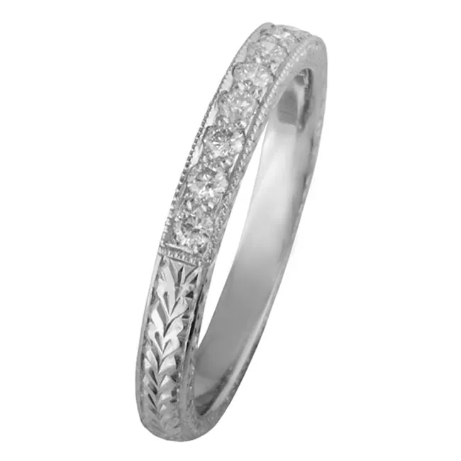 Engraved Laurel Pattern Diamond Wedding Ring in Platinum