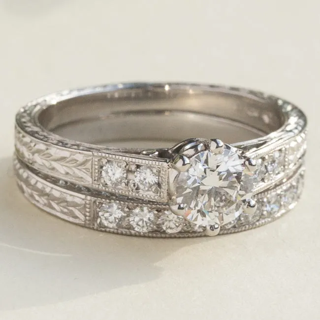 Engraved Laurel Pattern Diamond Wedding Ring in Platinum