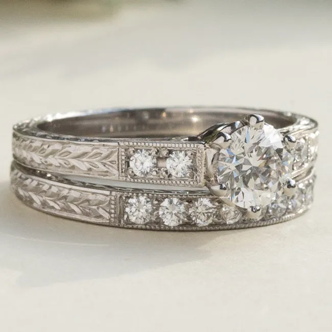 Engraved Laurel Pattern Diamond Wedding Ring in Platinum