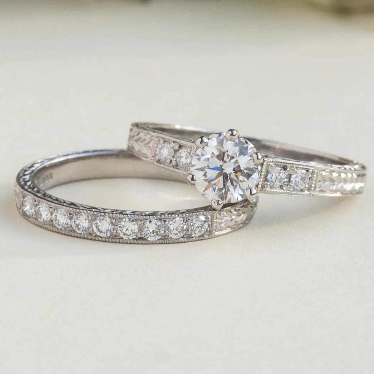 Engraved Laurel Pattern Diamond Wedding Ring in Platinum