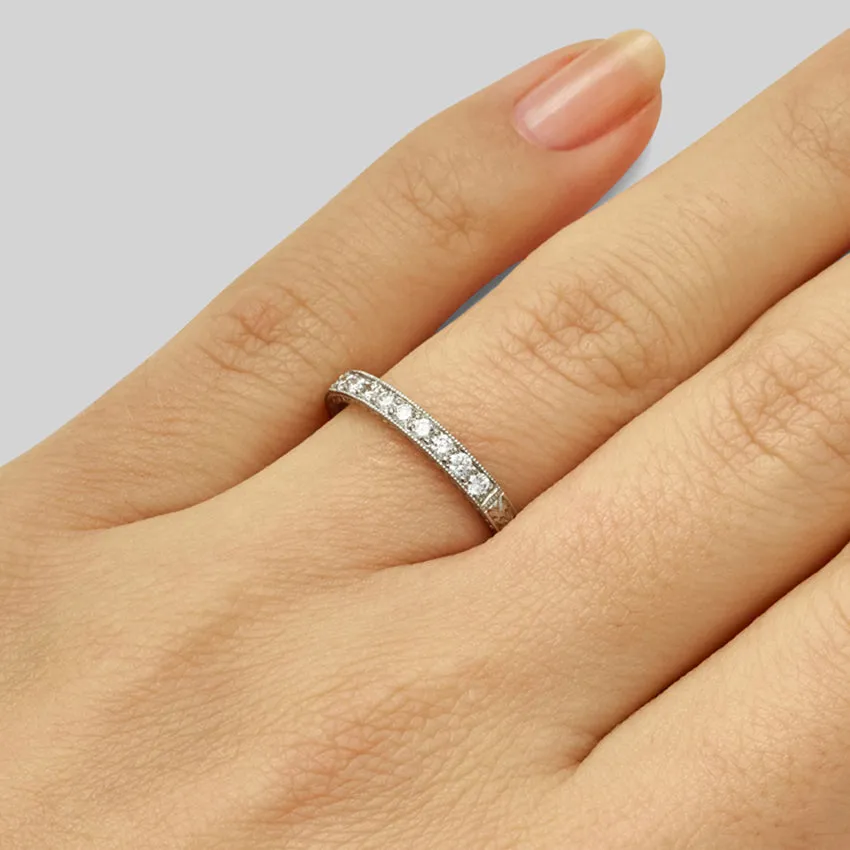 Engraved Laurel Pattern Diamond Wedding Ring in Platinum