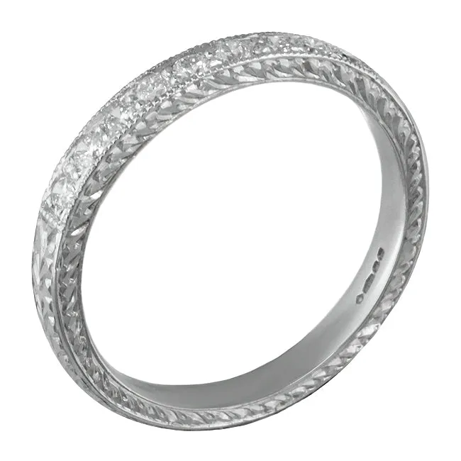 Engraved Laurel Pattern Diamond Wedding Ring in Platinum