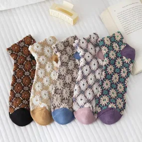 Ethnic Style 5 Pairs Women Vintage Floral Pattern Socks Set