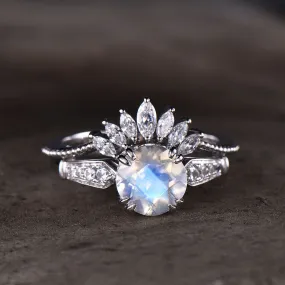 Female Moonstone Bridal Set Solitaire Rose Gold,Art Deco Moissanite Matching Band