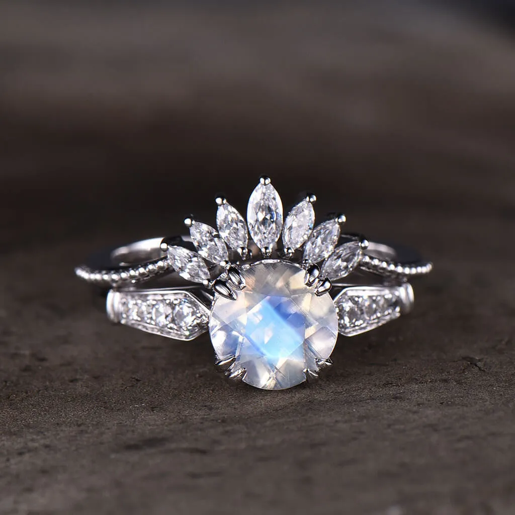 Female Moonstone Bridal Set Solitaire Rose Gold,Art Deco Moissanite Matching Band