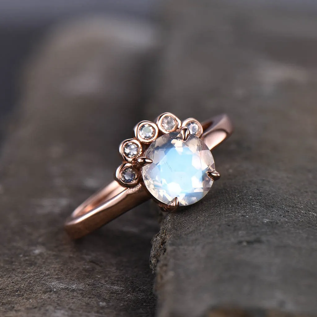 Floral Rainbow Moonstone Engagement Ring Five Stones