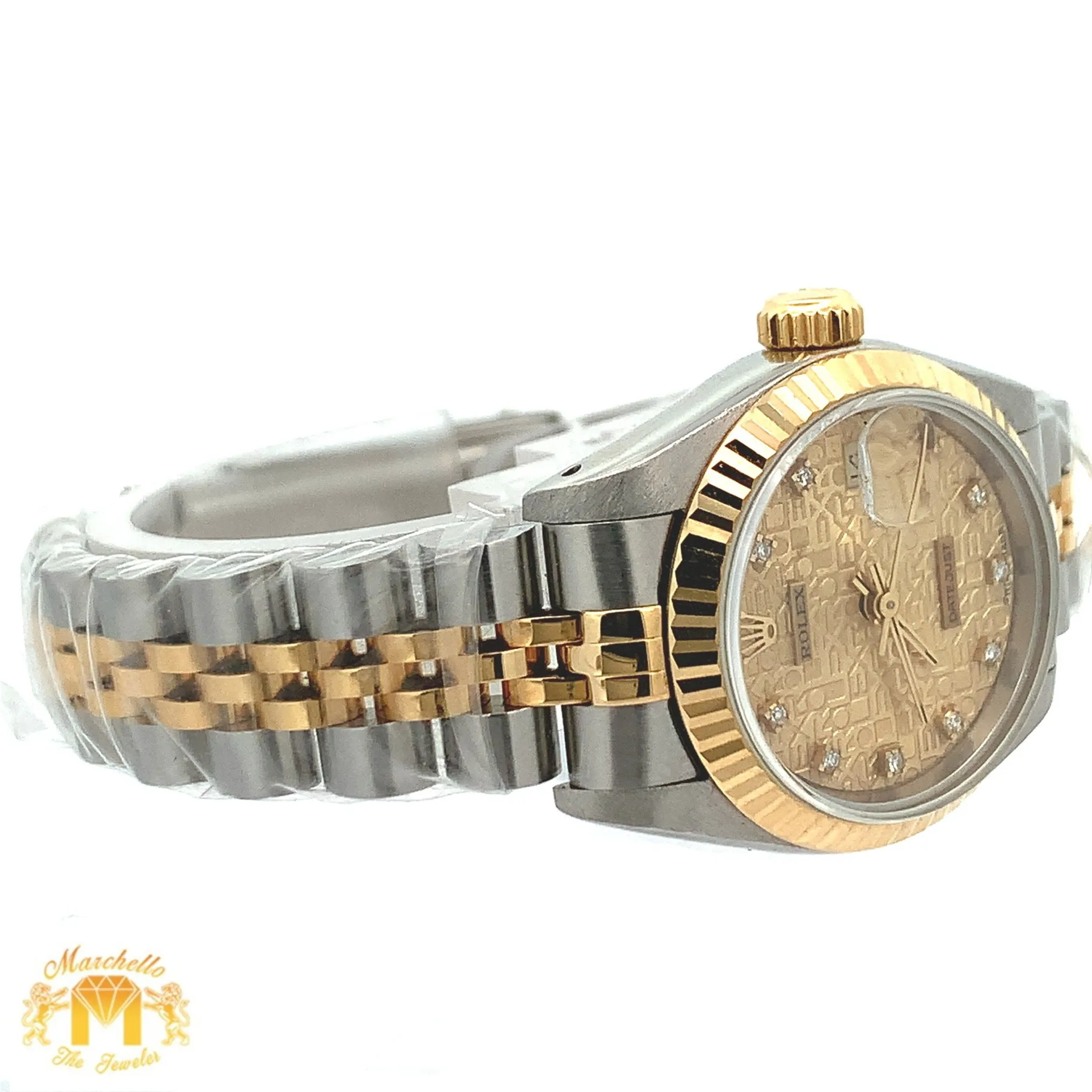 Full factory 26mm Ladies` Rolex Datejust Watch with Two-Tone Jubilee Bracelet (diamond dial, fluted bezel)