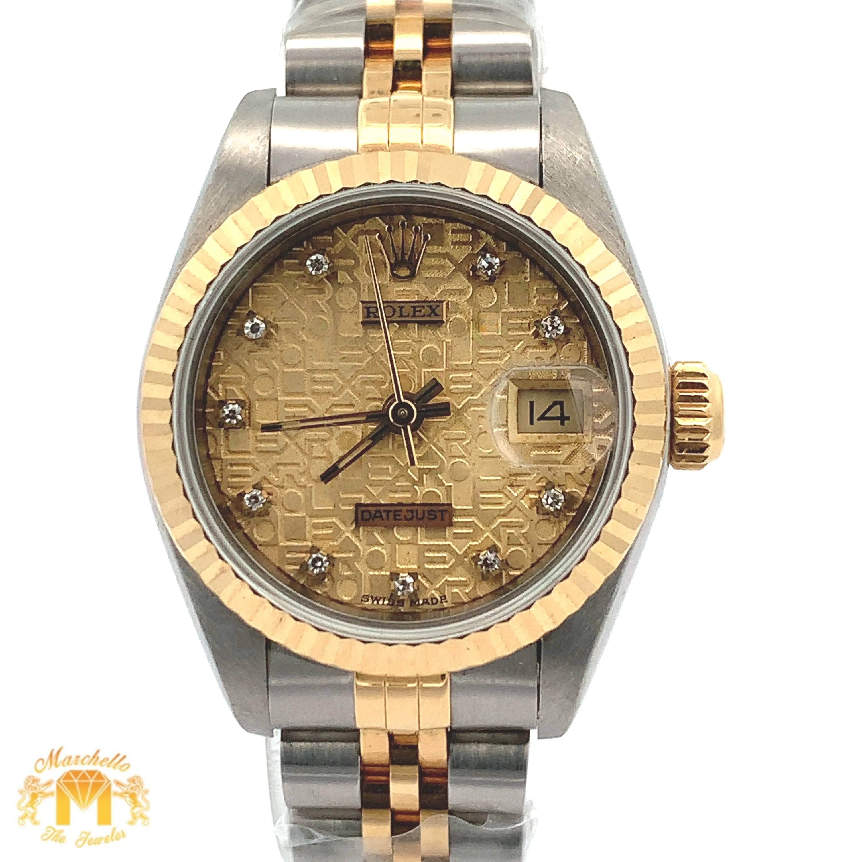 Full factory 26mm Ladies` Rolex Datejust Watch with Two-Tone Jubilee Bracelet (diamond dial, fluted bezel)