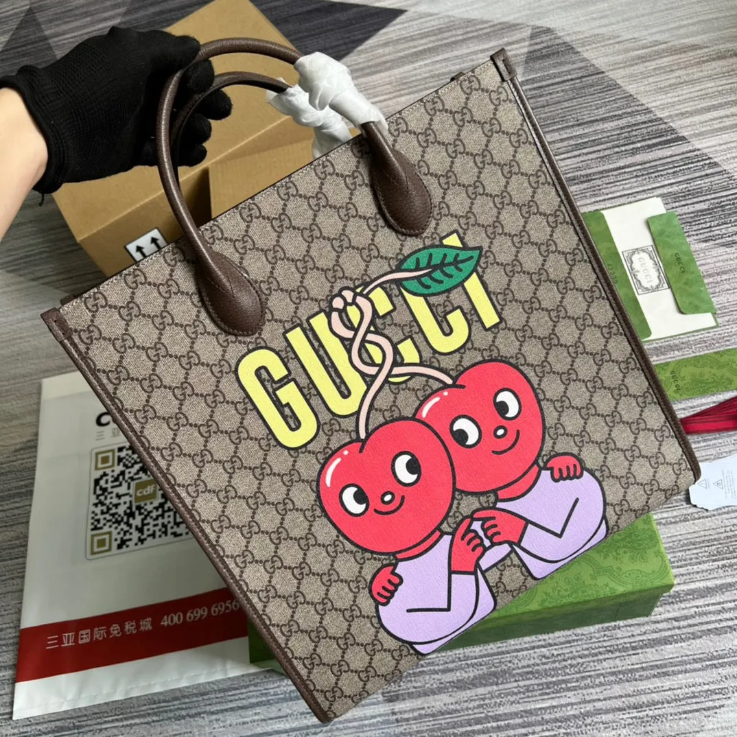 gg Cherry Print Medium Tote Beige For Women, Women&#8217;s Bags 15.1in/38cm gg ‎703264 U2QAG 8839