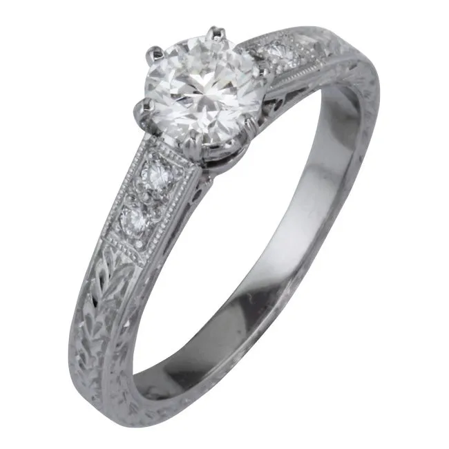 Hand Engraved Engagement Ring in Vintage Laurel Pattern