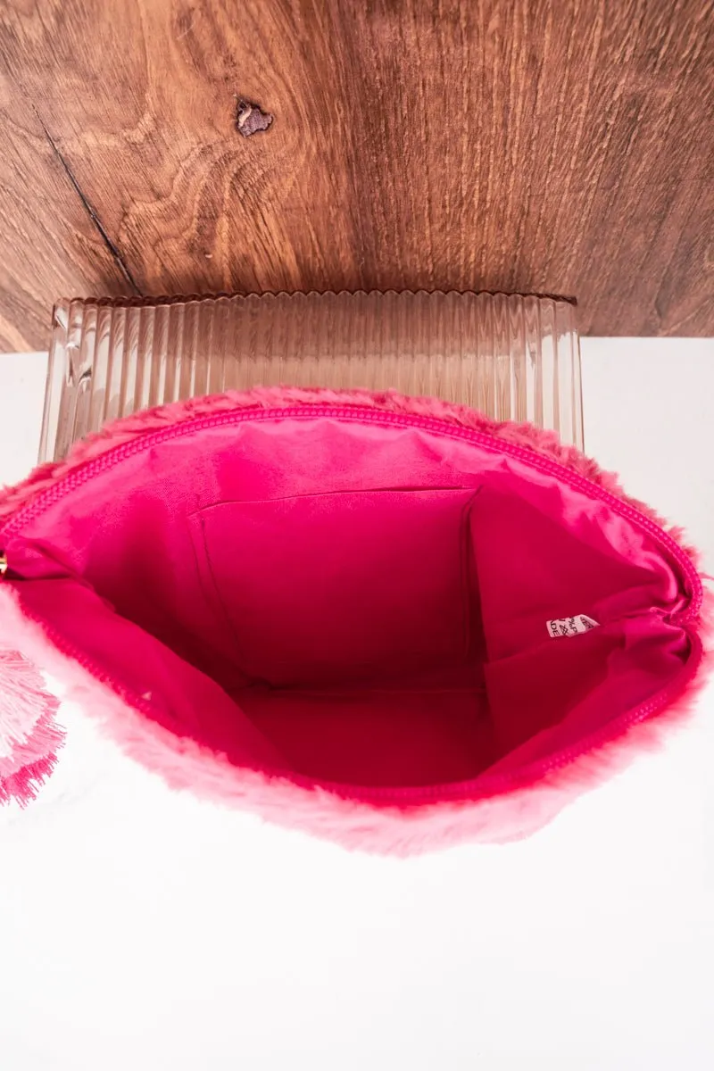 Hot Pink Fria Faux Fur Wristlet Tassel Pouch