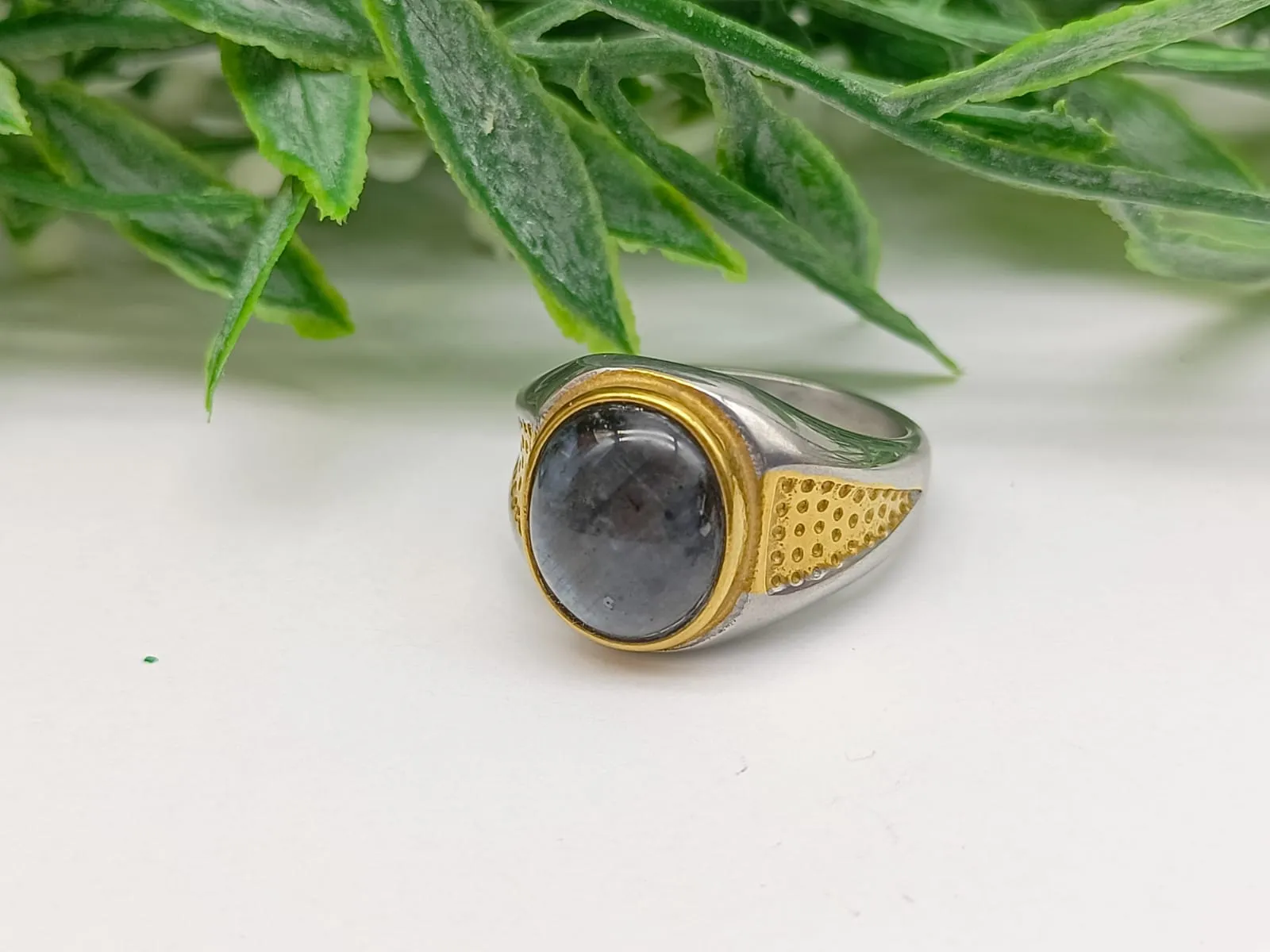 Larvikite aka Black Moonstone Titanium Ring Size 9 US