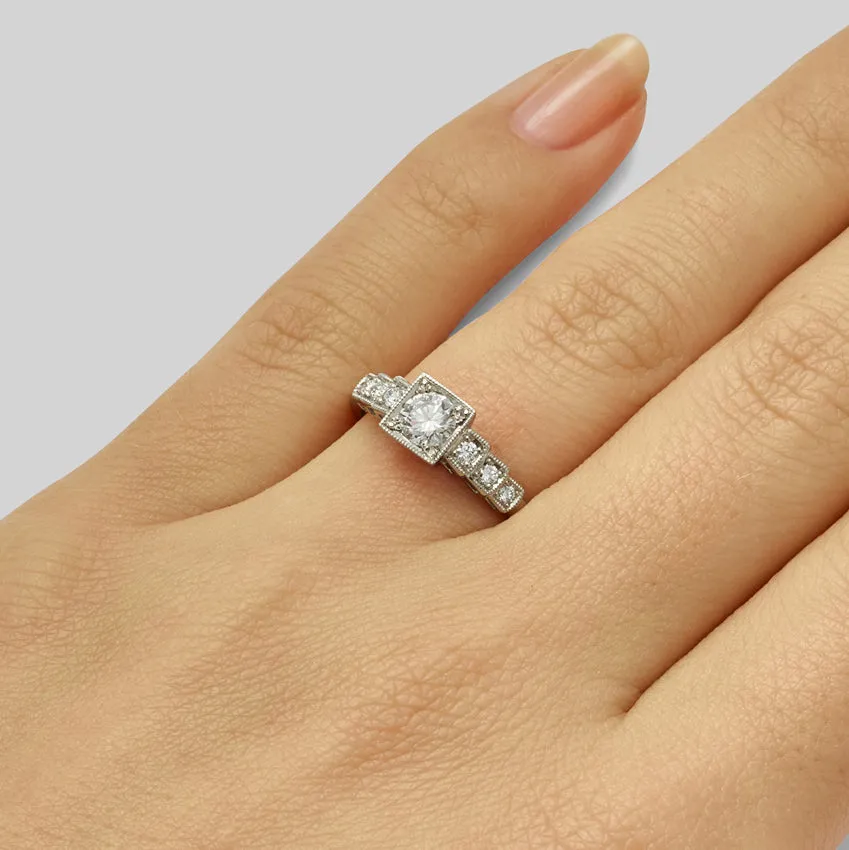 Low Profile Vintage Engagement Ring with Diamond Band
