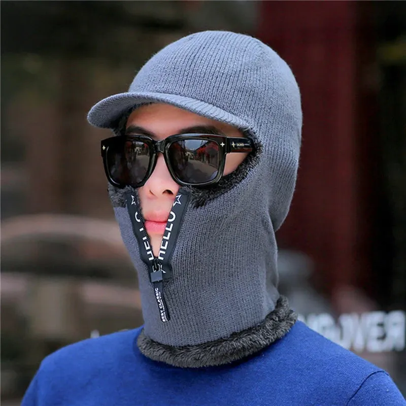 Men's Wool Ear Protection Warm Thick Bicycle Knitted Scarf Windproof Visors Cap