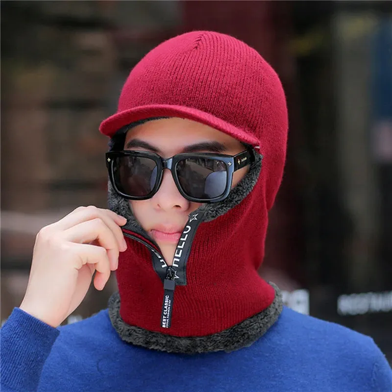 Men's Wool Ear Protection Warm Thick Bicycle Knitted Scarf Windproof Visors Cap