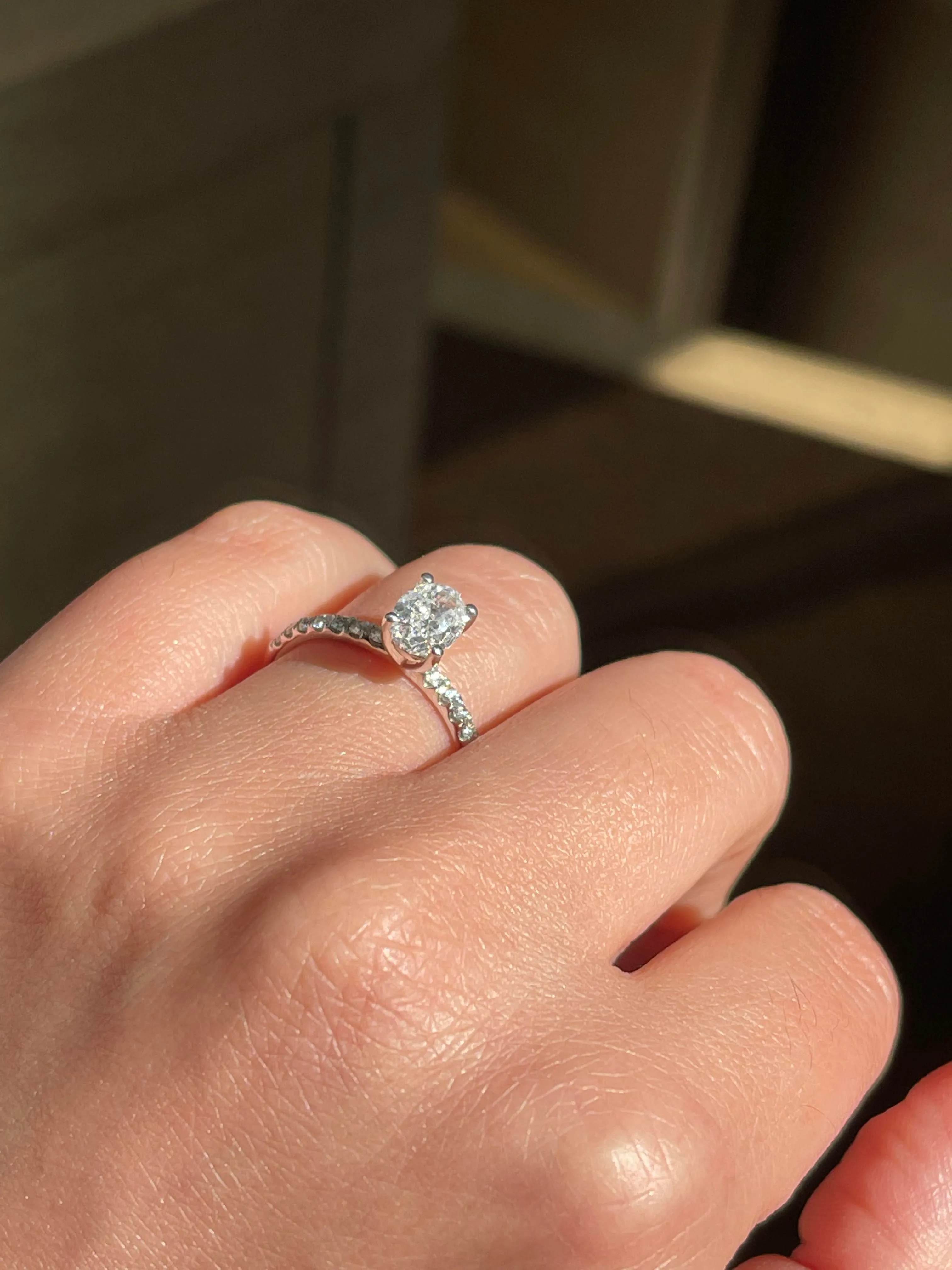 Modern Oval Solitaire Pave-Set Side-Diamond Engagement Ring