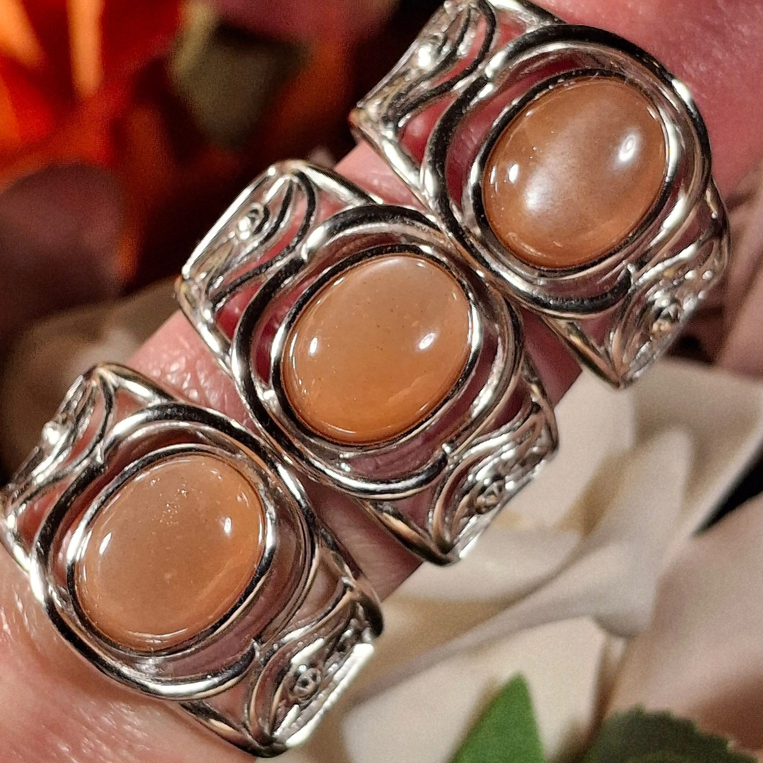 Peach Moonstone Egyptian Eye Adjustable Cuff Ring .925 Silver for New Beginnings, Artistic Expression, Creativity & Manifestation