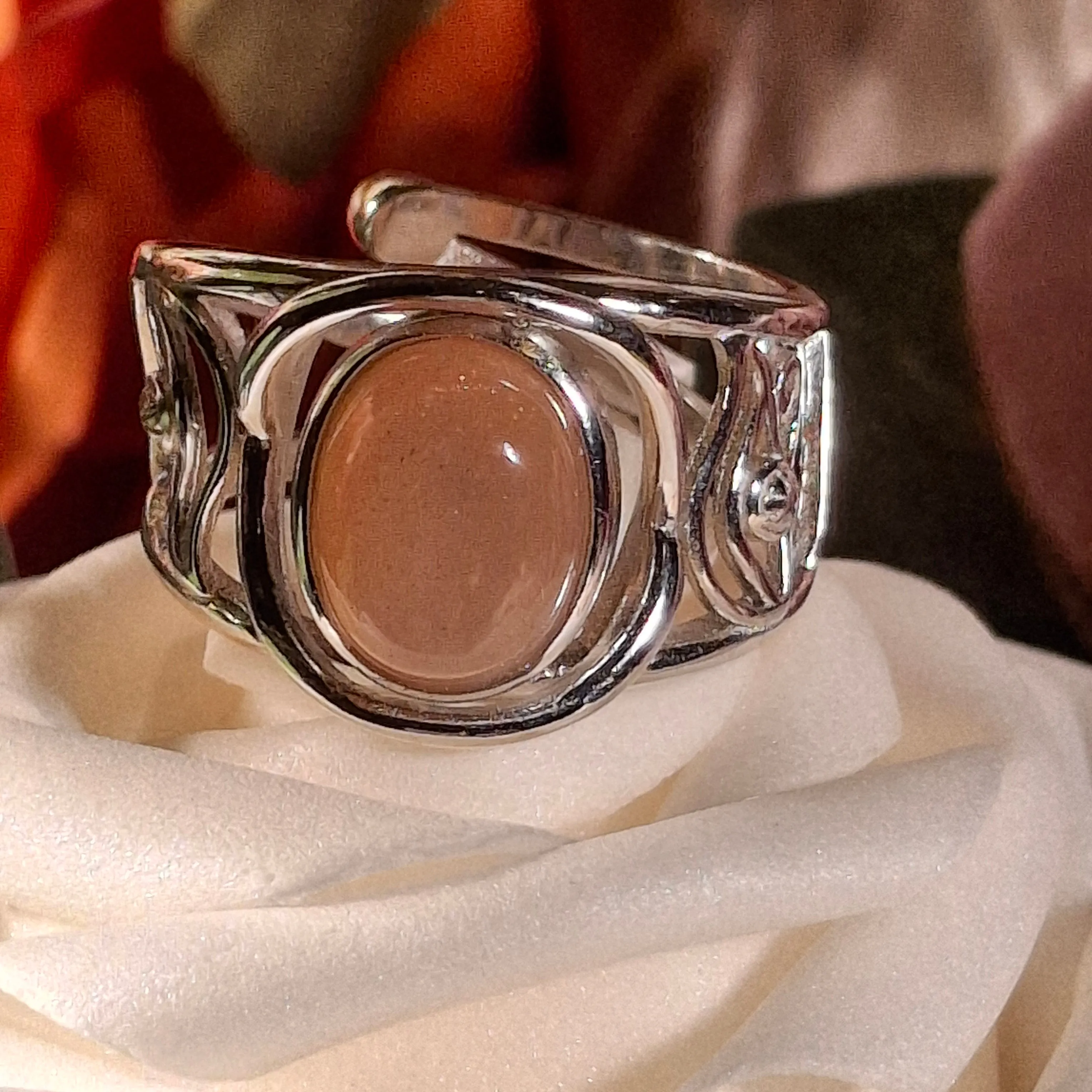 Peach Moonstone Egyptian Eye Adjustable Cuff Ring .925 Silver for New Beginnings, Artistic Expression, Creativity & Manifestation