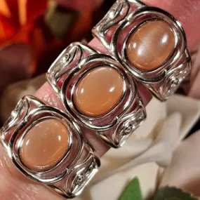 Peach Moonstone Egyptian Eye Adjustable Cuff Ring .925 Silver for New Beginnings, Artistic Expression, Creativity & Manifestation