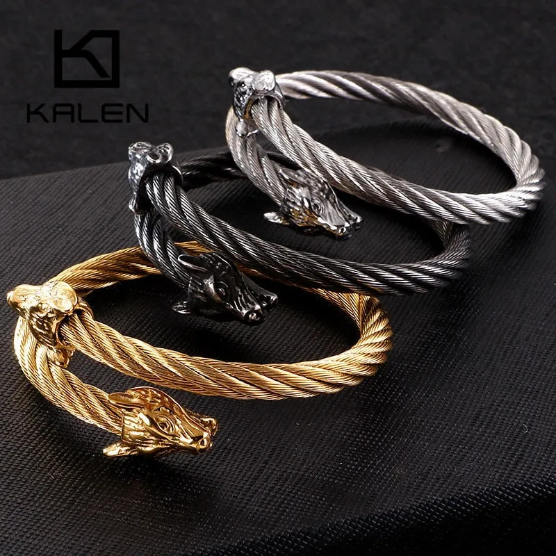 Punk Animal Double Wolf Heads Bangles Bracelets
