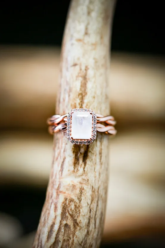 "EVERLEIGH" - EMERALD CUT MOONSTONE ENGAGEMENT RING WITH DIAMOND HALO & WOVEN STACKING BAND