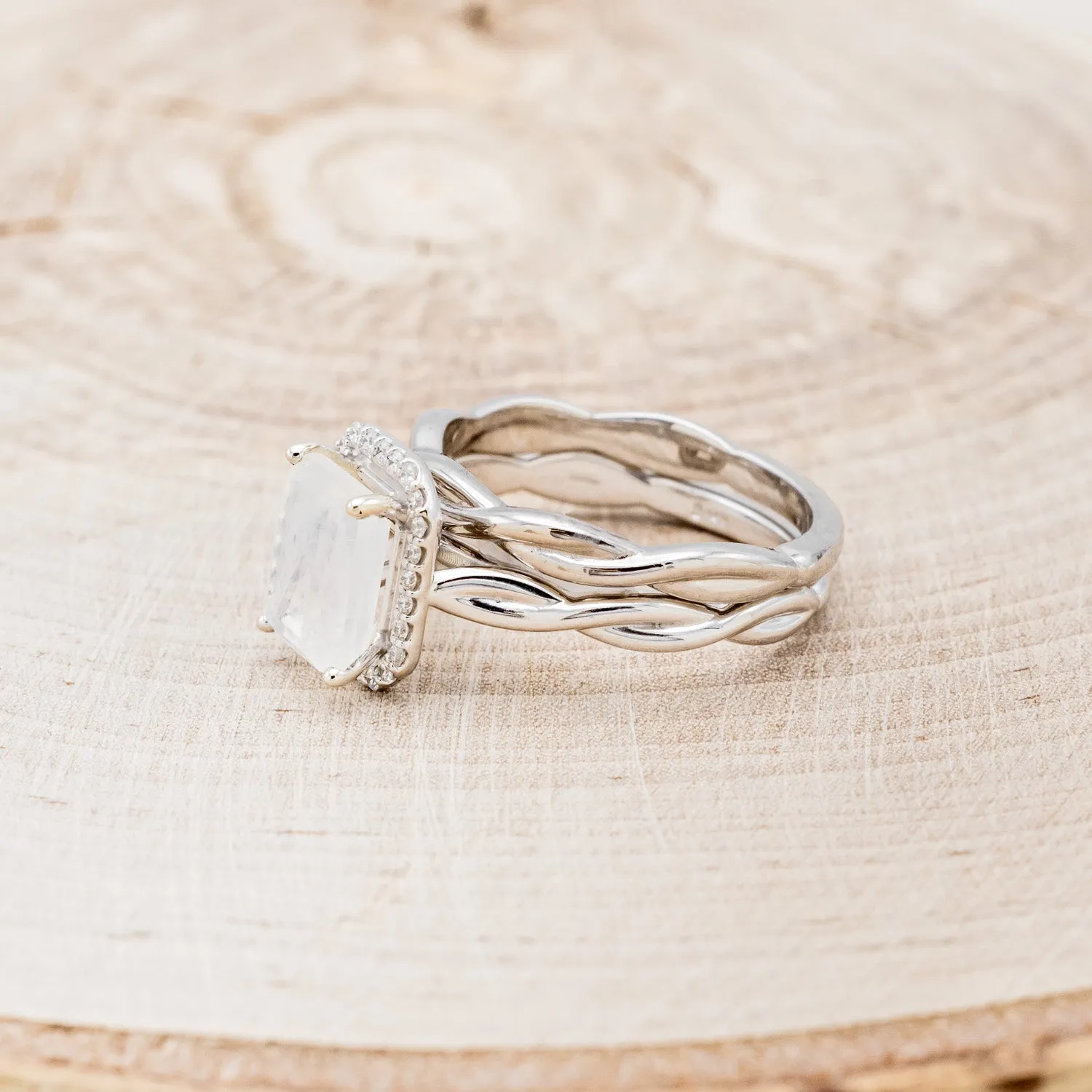"EVERLEIGH" - EMERALD CUT MOONSTONE ENGAGEMENT RING WITH DIAMOND HALO & WOVEN STACKING BAND