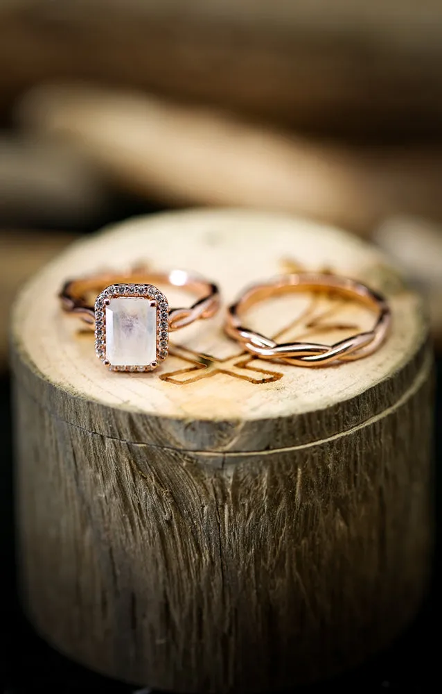 "EVERLEIGH" - EMERALD CUT MOONSTONE ENGAGEMENT RING WITH DIAMOND HALO & WOVEN STACKING BAND