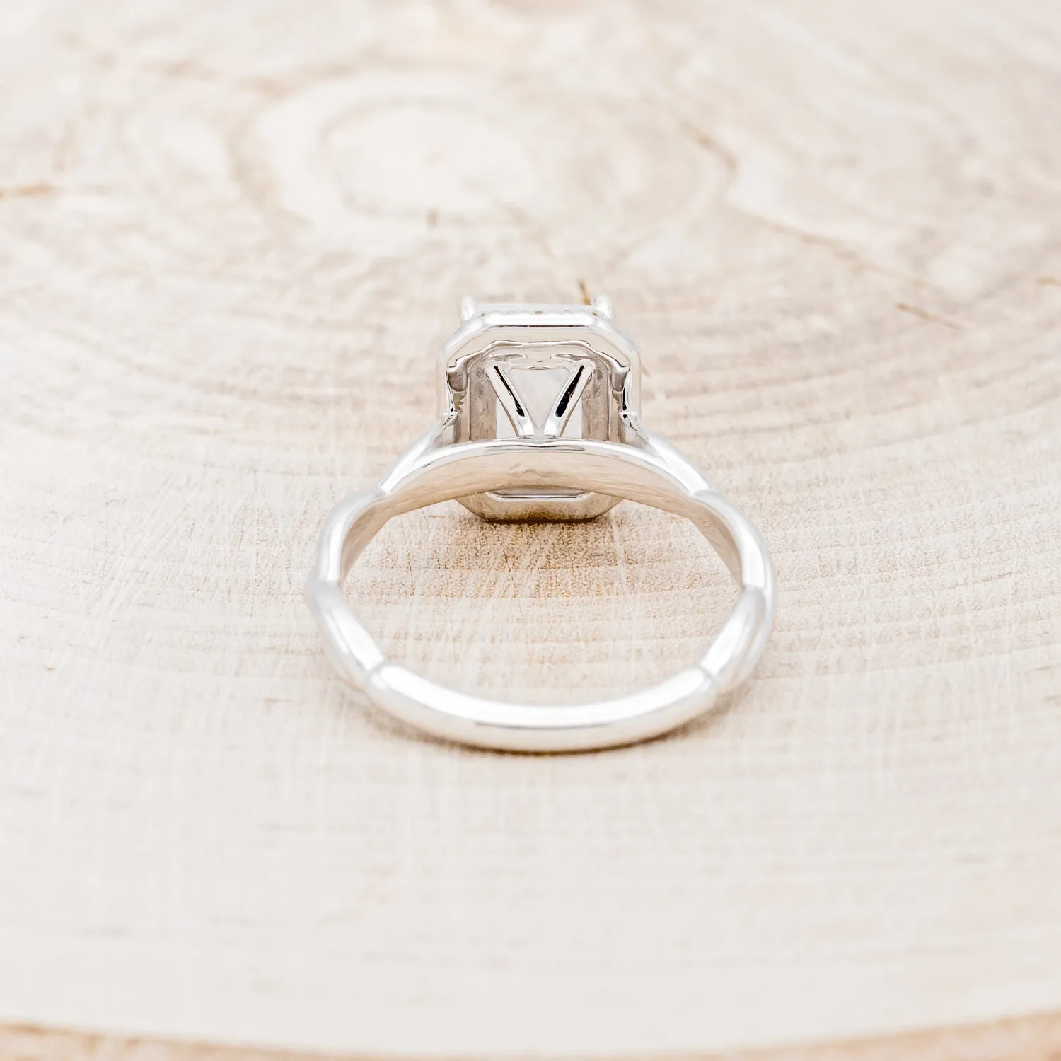 "EVERLEIGH" - EMERALD CUT MOONSTONE ENGAGEMENT RING WITH DIAMOND HALO & WOVEN STACKING BAND