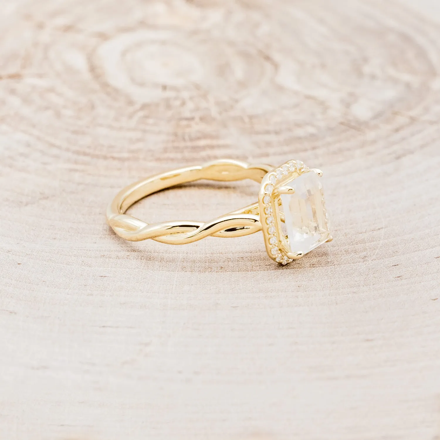 "EVERLEIGH" - EMERALD CUT MOONSTONE ENGAGEMENT RING WITH DIAMOND HALO & WOVEN STACKING BAND