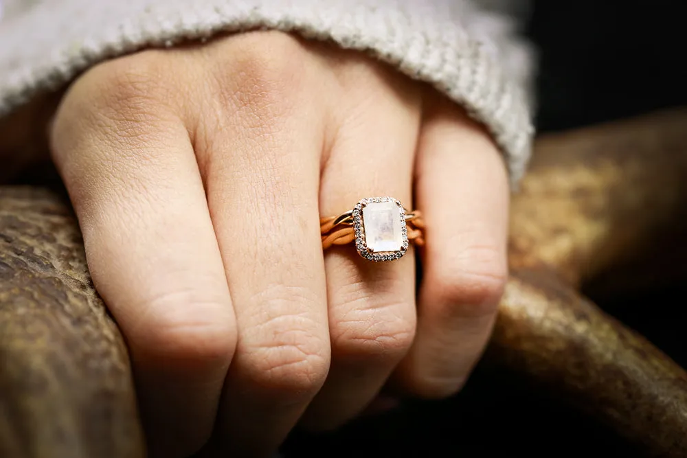 "EVERLEIGH" - EMERALD CUT MOONSTONE ENGAGEMENT RING WITH DIAMOND HALO & WOVEN STACKING BAND
