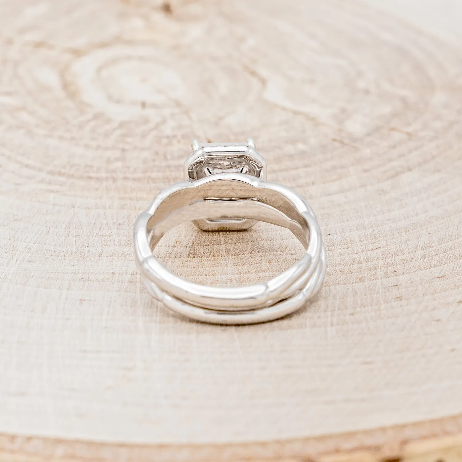 "EVERLEIGH" - EMERALD CUT MOONSTONE ENGAGEMENT RING WITH DIAMOND HALO & WOVEN STACKING BAND