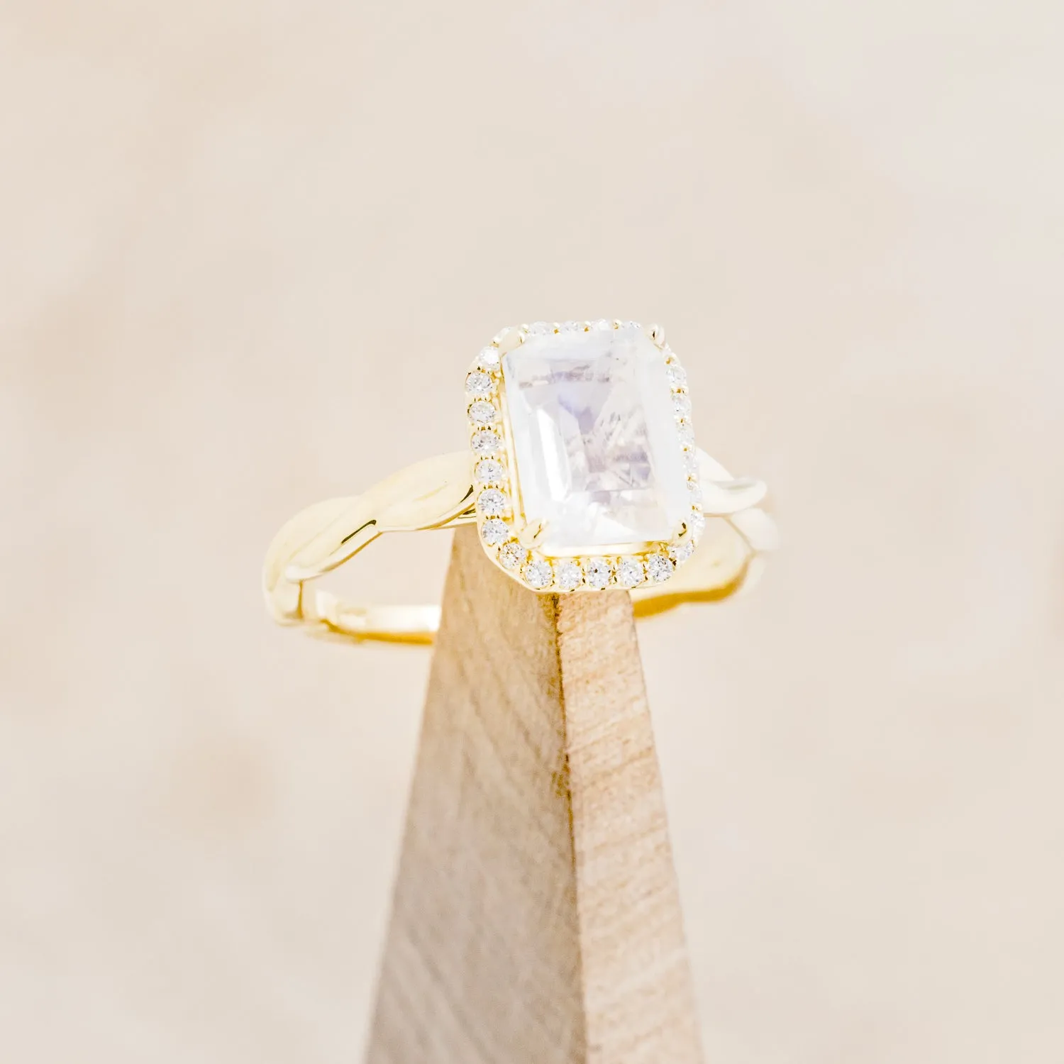 "EVERLEIGH" - EMERALD CUT MOONSTONE ENGAGEMENT RING WITH DIAMOND HALO & WOVEN STACKING BAND