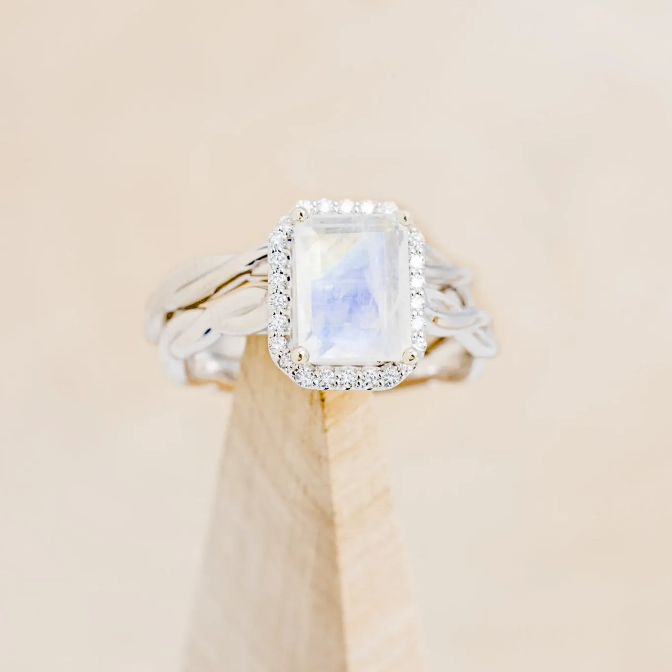 "EVERLEIGH" - EMERALD CUT MOONSTONE ENGAGEMENT RING WITH DIAMOND HALO & WOVEN STACKING BAND