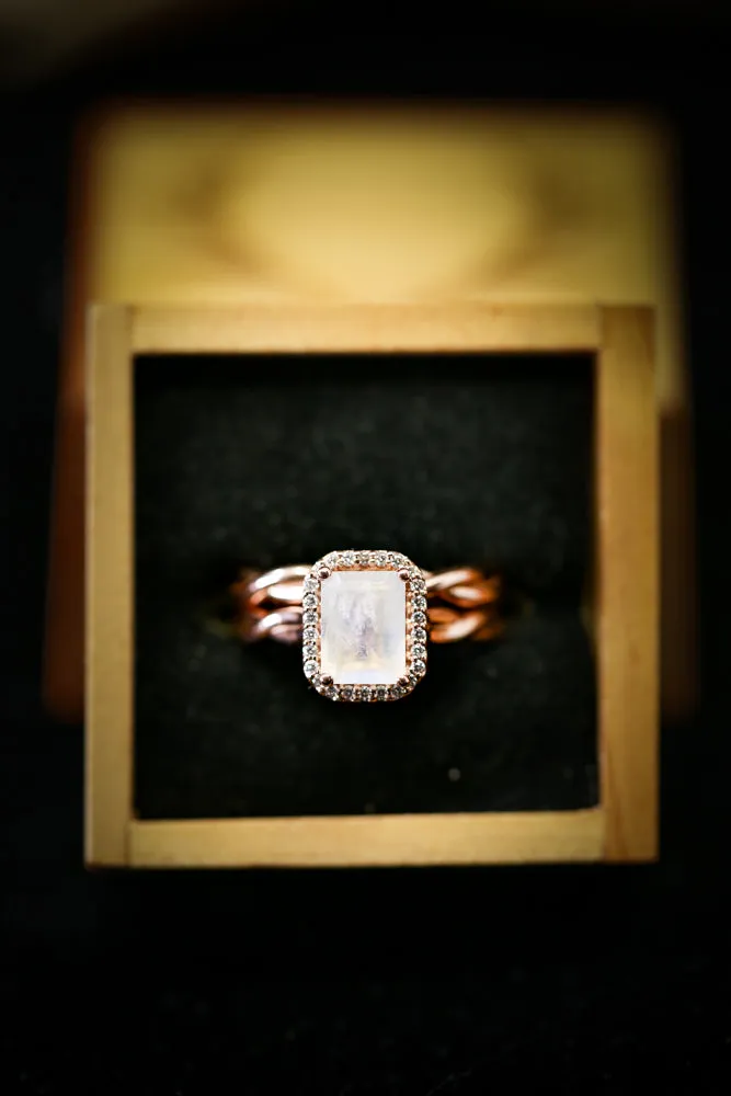"EVERLEIGH" - EMERALD CUT MOONSTONE ENGAGEMENT RING WITH DIAMOND HALO & WOVEN STACKING BAND