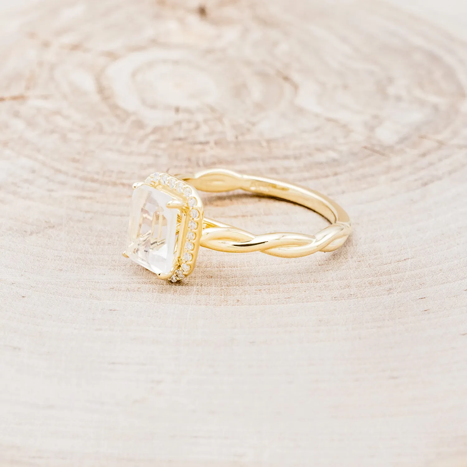 "EVERLEIGH" - EMERALD CUT MOONSTONE ENGAGEMENT RING WITH DIAMOND HALO & WOVEN STACKING BAND