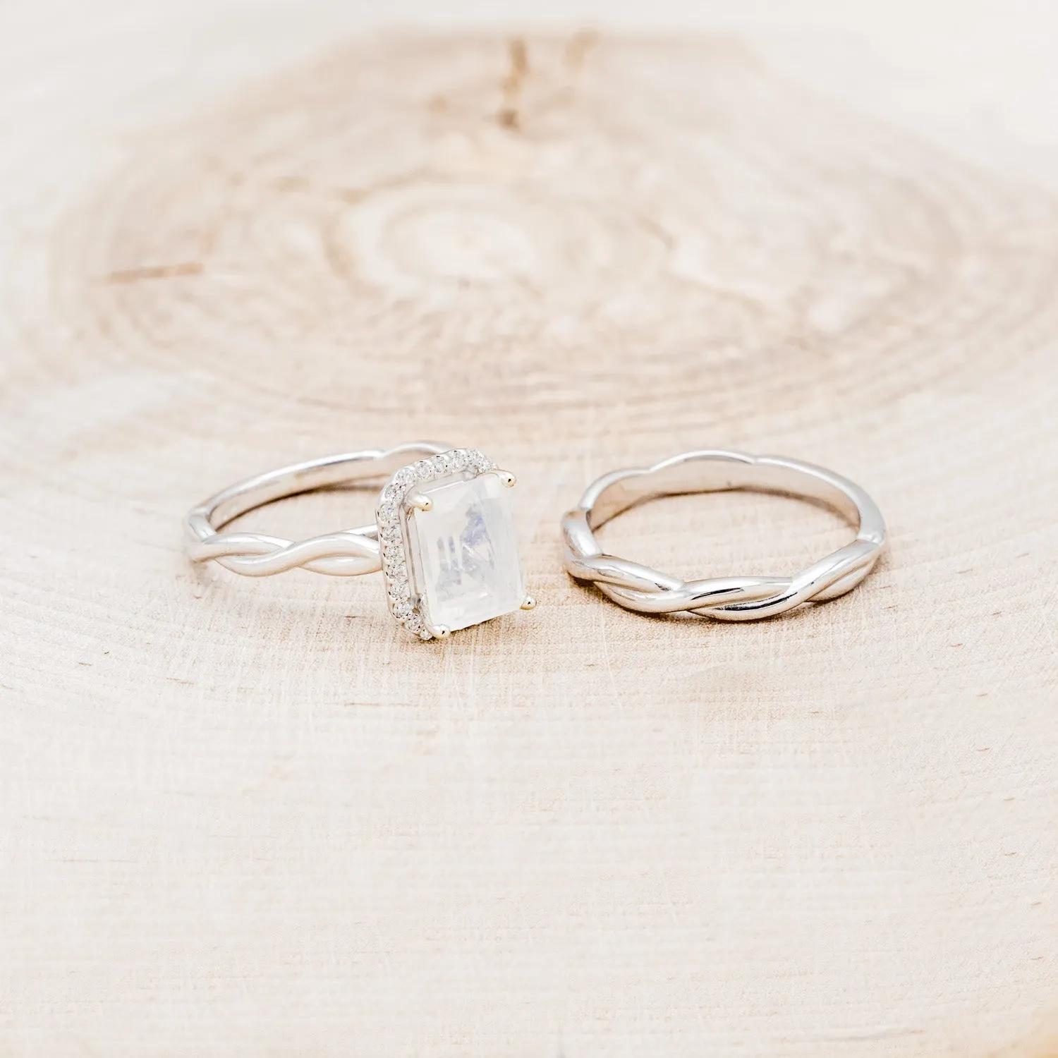 "EVERLEIGH" - EMERALD CUT MOONSTONE ENGAGEMENT RING WITH DIAMOND HALO & WOVEN STACKING BAND