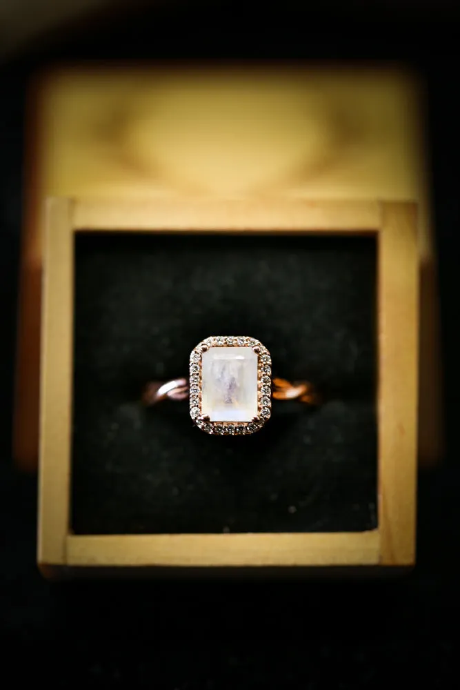 "EVERLEIGH" - EMERALD CUT MOONSTONE ENGAGEMENT RING WITH DIAMOND HALO & WOVEN STACKING BAND