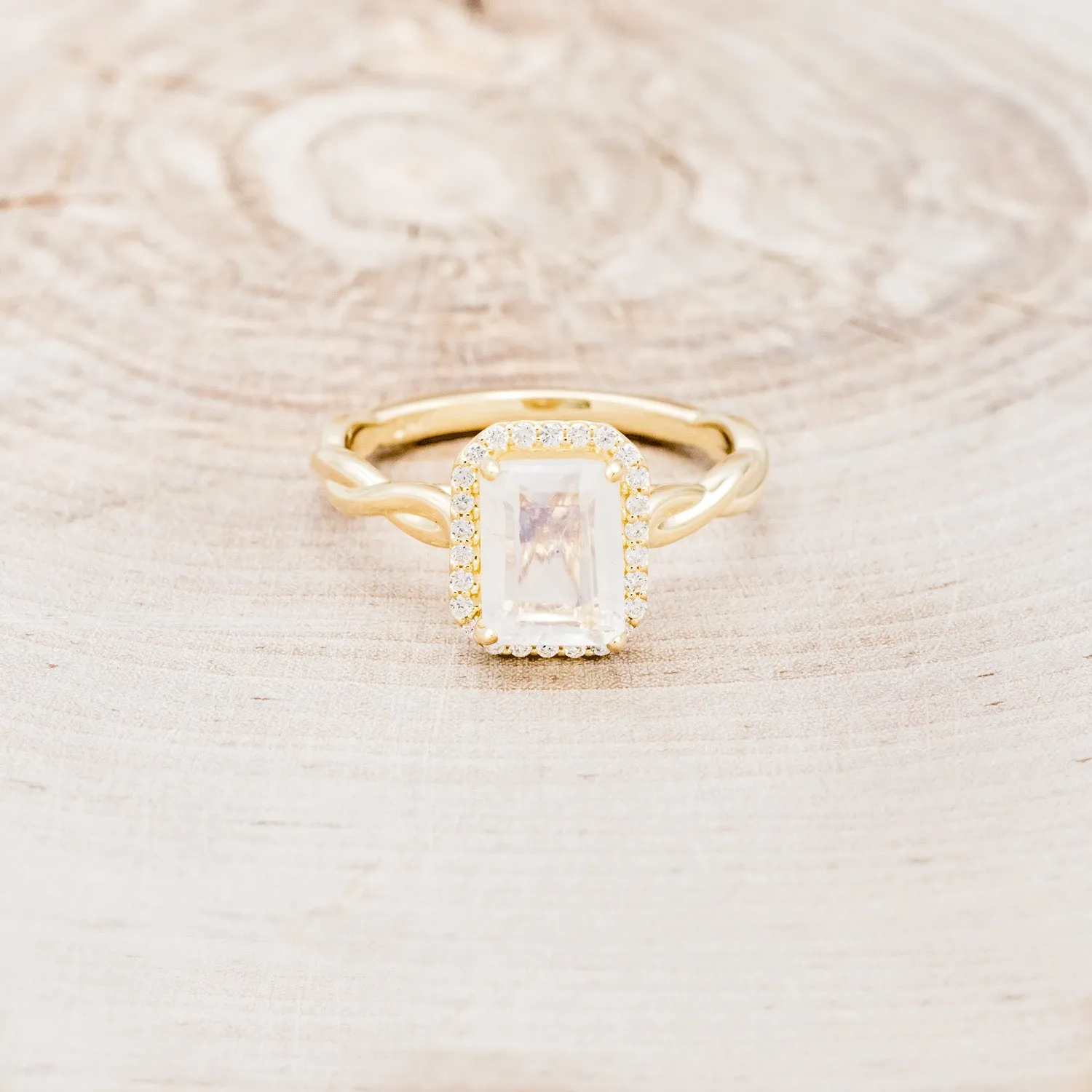 "EVERLEIGH" - EMERALD CUT MOONSTONE ENGAGEMENT RING WITH DIAMOND HALO & WOVEN STACKING BAND