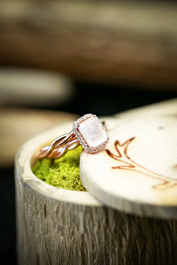 "EVERLEIGH" - EMERALD CUT MOONSTONE ENGAGEMENT RING WITH DIAMOND HALO & WOVEN STACKING BAND