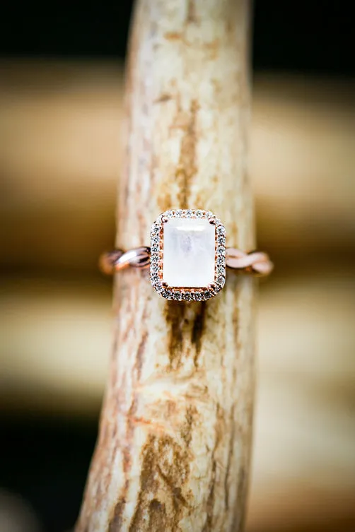 "EVERLEIGH" - EMERALD CUT MOONSTONE ENGAGEMENT RING WITH DIAMOND HALO & WOVEN STACKING BAND