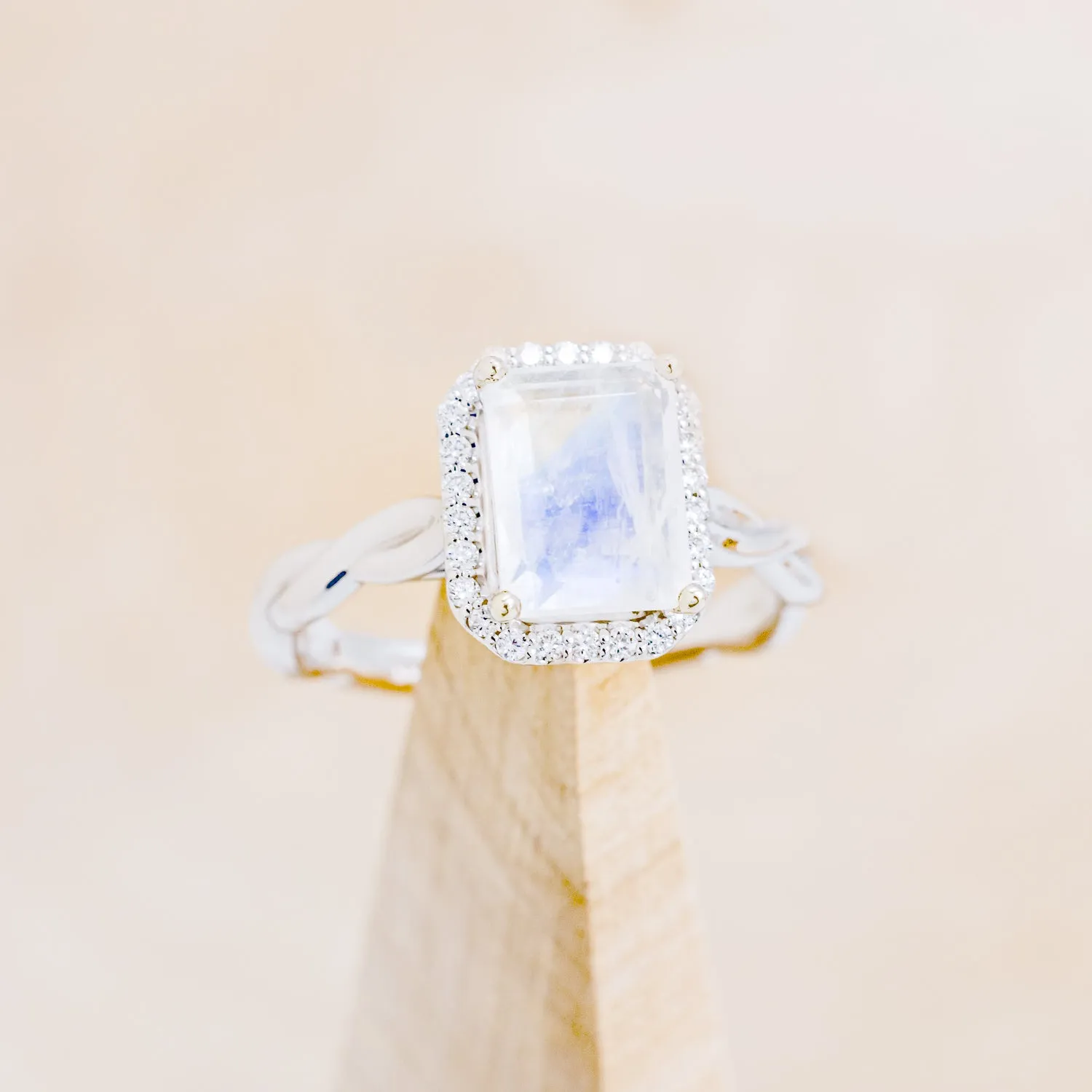 "EVERLEIGH" - EMERALD CUT MOONSTONE ENGAGEMENT RING WITH DIAMOND HALO & WOVEN STACKING BAND